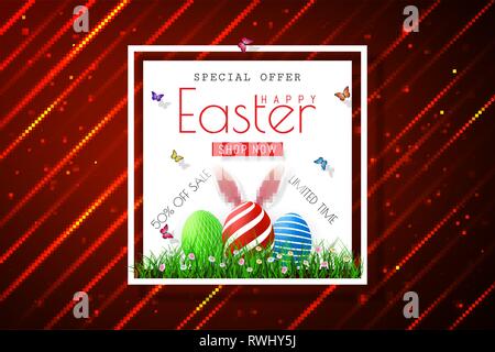 Happy Easter sale banners with realistic Easter rabbir`s ears, vector. Stock Vector